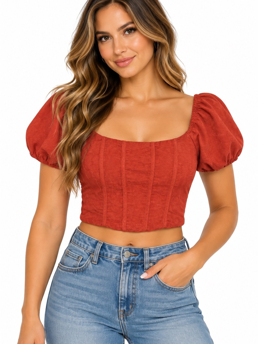 Puff-Sleeve Square-Neck Crop Top in Rust